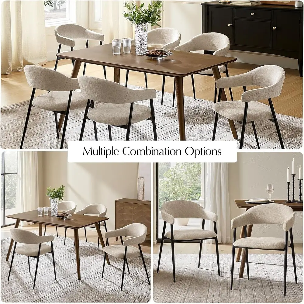 مجموعة كراسي تناول الطعام الحديثة في منتصف القرن مكونة من 4 قطع، قماش منجد بأرجل معدنية، مسند ظهر منحني أنيق للمطبخ وتناول الطعام والليفي