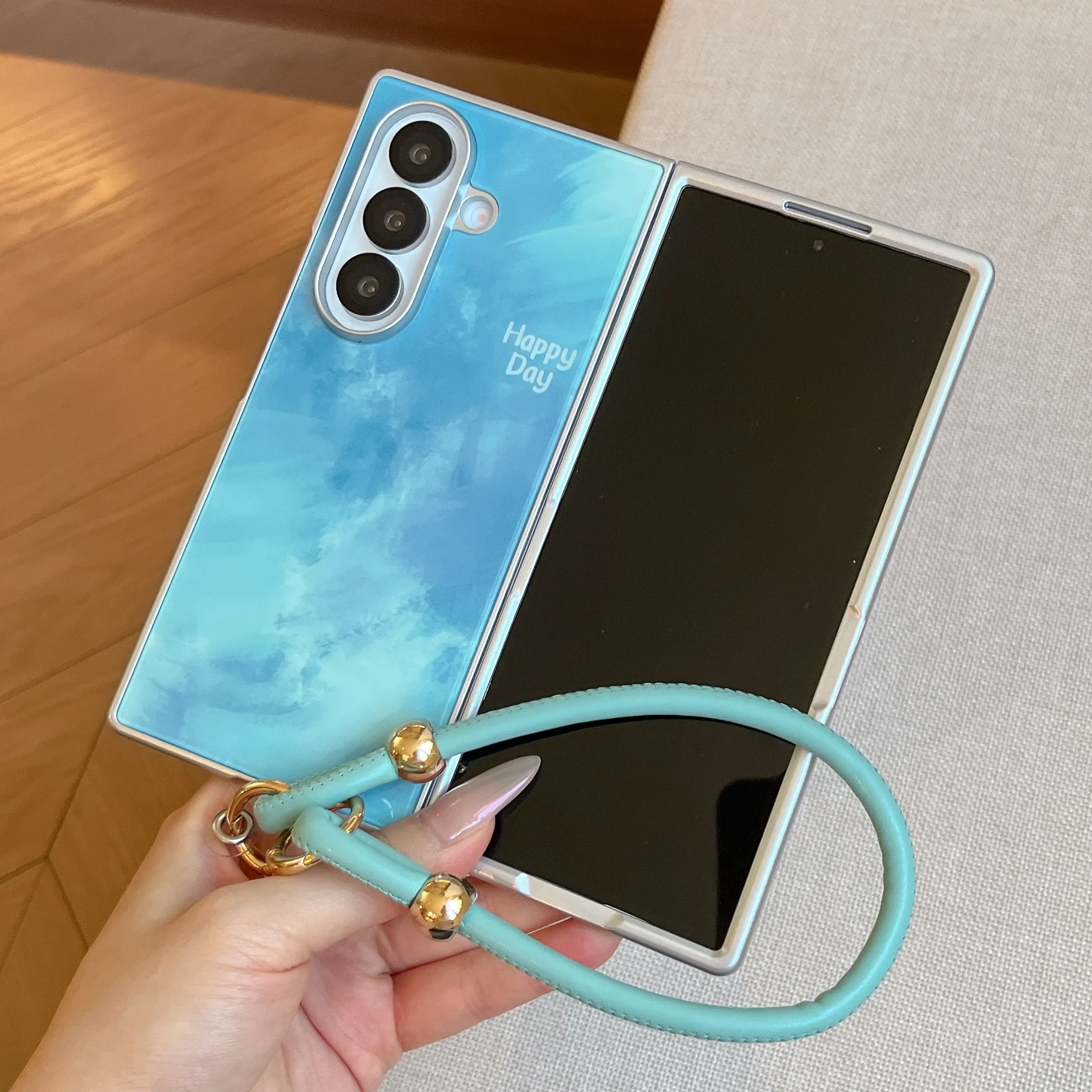 Simple Gradient Watercolor Silver Shell for Samsung Z Fold 8 7 6 5 4 with Lanyard Phone Case