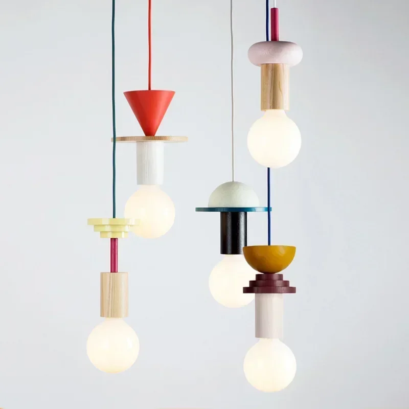 2026 Postmodern Memphis Geometric Bedroom Pendant Light Cartoon Colored Wooden Light Children's Room Bedside Lamp Lustre Home De