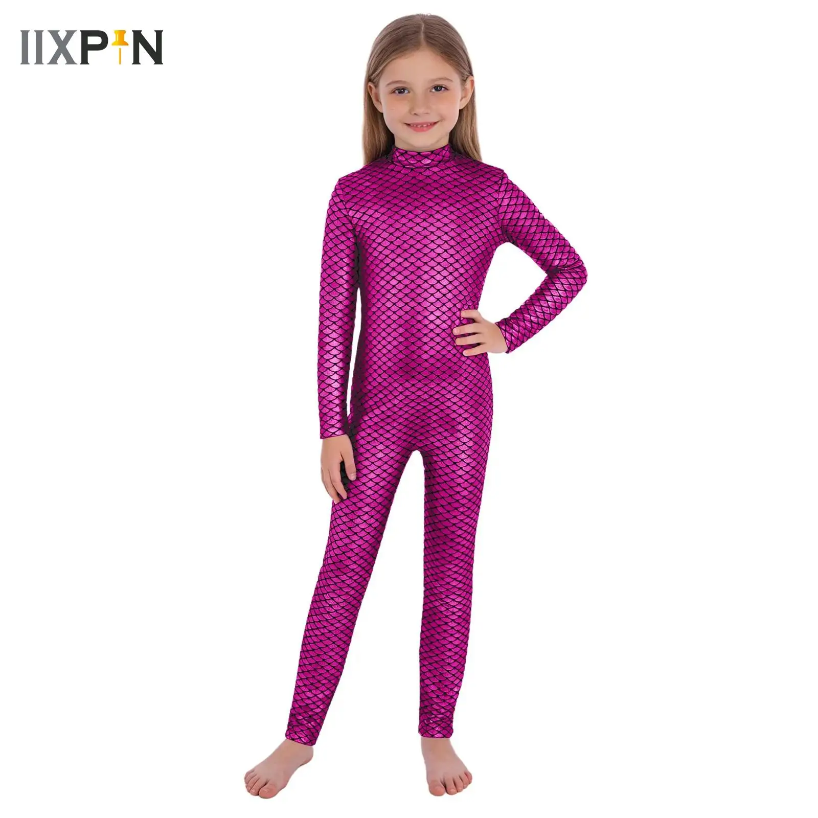 

Kids Girls Full-body Jumpsuit Mermaid Cosplay Theme Party Costume Shiny Fishscale Print Ballet Dance Gymnastics Unitard Dress