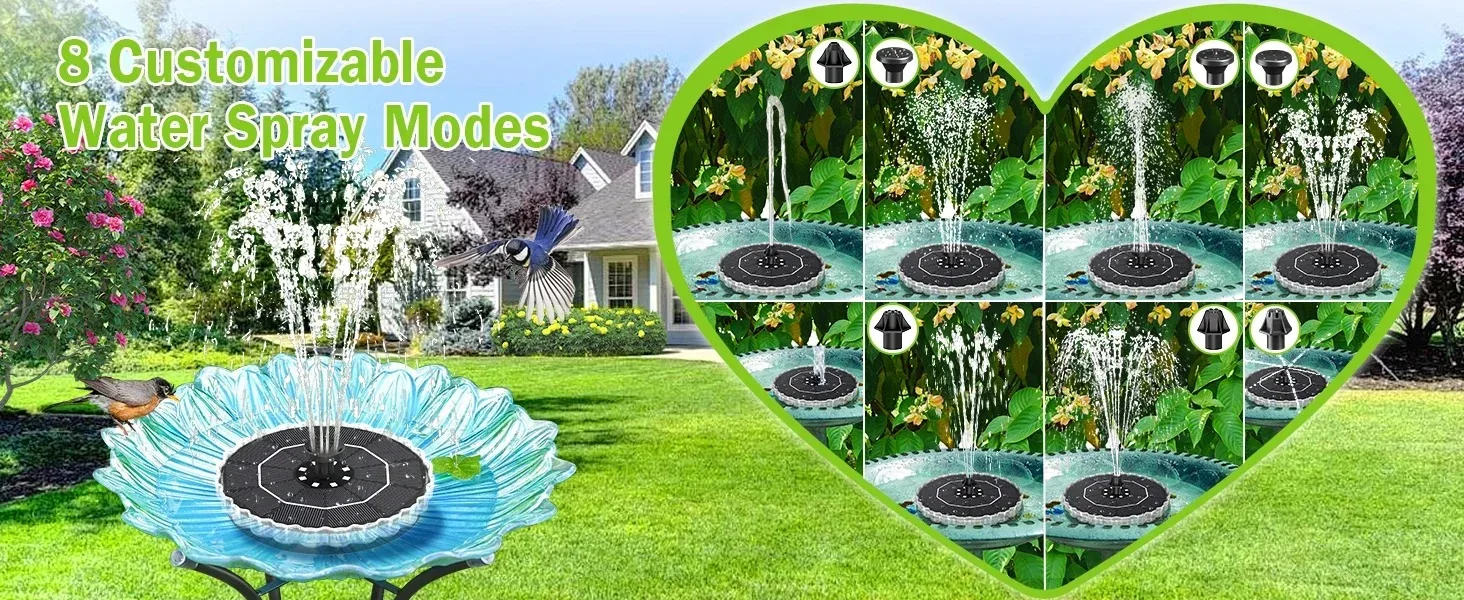 3,5W Solar-Vogelbadbrunnen mit bunten LED-Lichtern, eingebauter Batterie, 8 Düsen, 4 Schutzstangen, ideale Dekoration für Gartenteiche – Detail 2