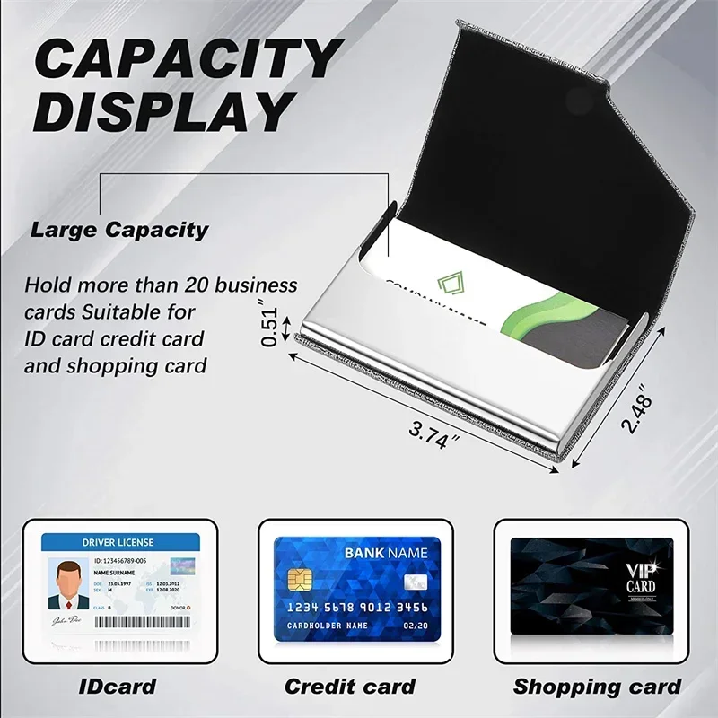 95*63mm PU Leather Stainless Steel Business Card Case ID Name Card Case Business Card Holder with Magnetic for Men Women Office