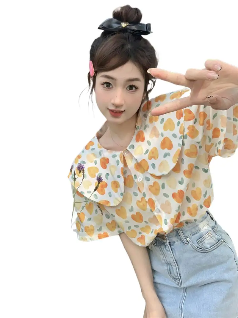 

Summer Cotton Korean Style Doll Collar Red Heart Printing Tops Loose High Street Single-breasted Sweet Vintage Shirts Blouses