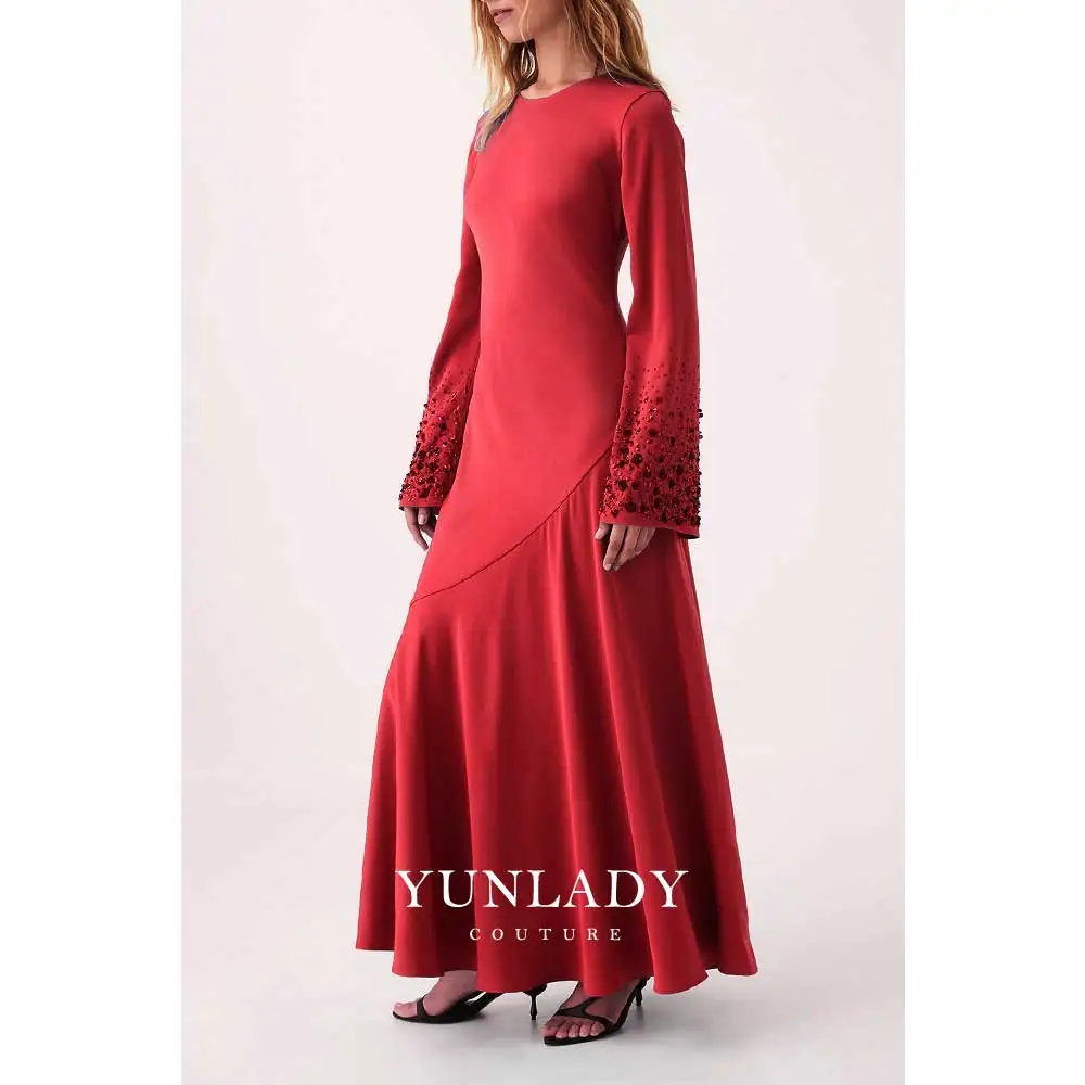 YUNLAN Luxury Red Muslim Round Neck Long Sleeve Ball Gown Ankle Length Mother Dress 2024 Women Elegant Wedding Party Beaded Gown