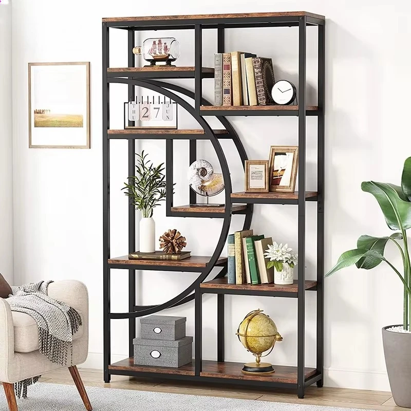 Modern industrial style bookshelf with geometric metal frame for office and home storage units