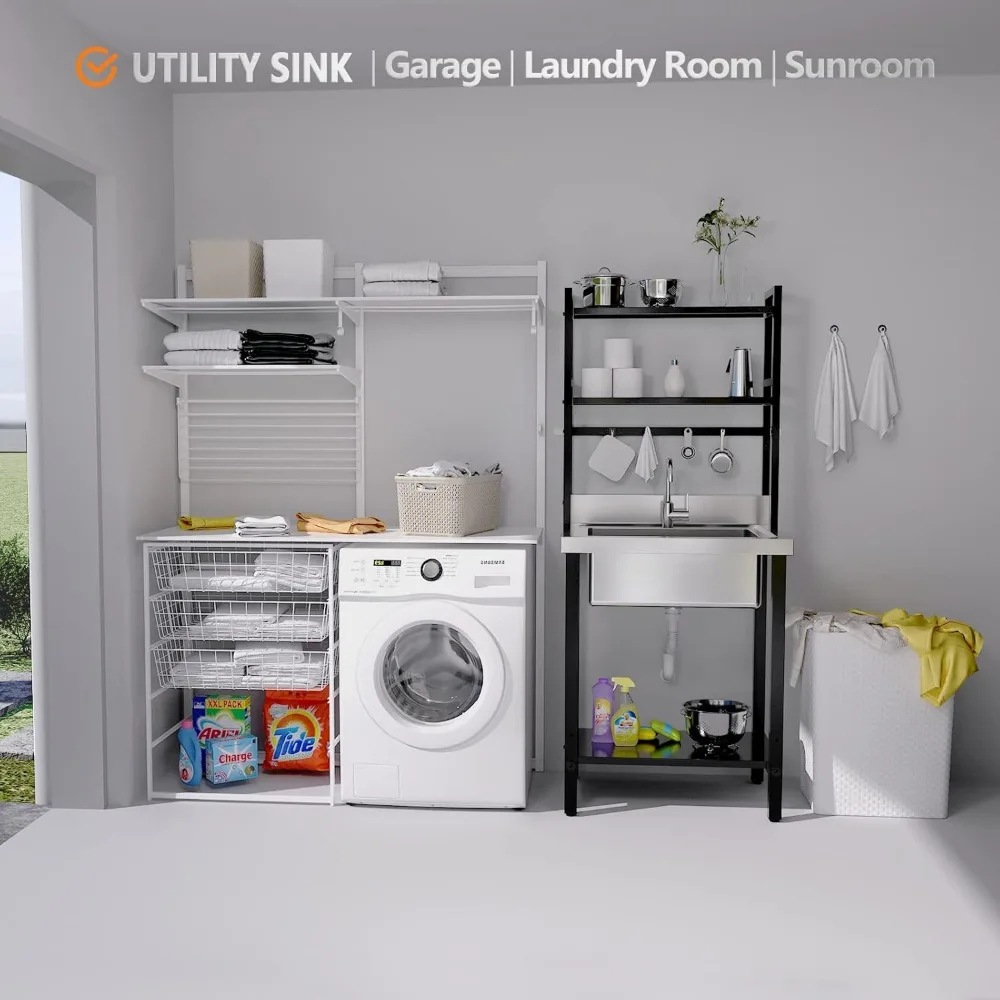 Pia comercial de aço inoxidável 304 de 67 "h com prateleiras ajustáveis e haste de suspensão com ganchos, pia utilitária independente para