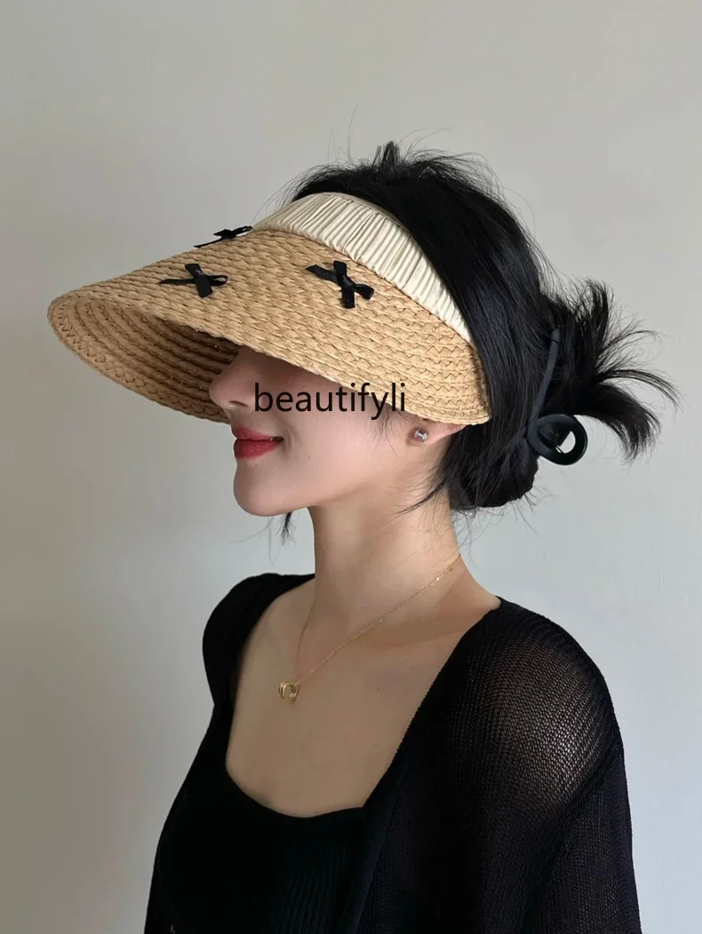 Women's Bowknot Woven Straw Hat Summer New Seaside Sun-Proof Air Top Outdoor Sun Hat