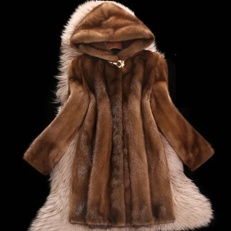 Women's Imitation Mink Hair Overcoat New Hooded Medium Long Styles Faux Fur Coat Women Autumn Winter Thick Coat Warm Jackets