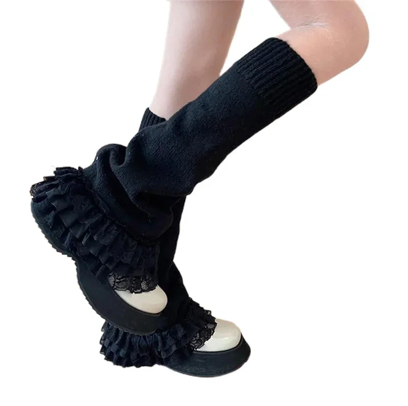 Musuos Warm Women Leg Warmers, Floral Lace Frill Warm Foot Cover in White and Black, Boot Cuffs, Fashion Streetwear Socks