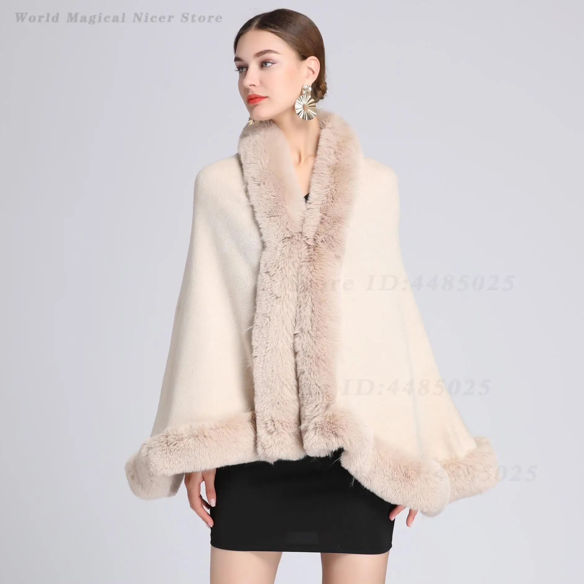 Fall Winter New Women Oversized Knit Cape with Faux Rabbit Fur Collar 60-80Cm 670G Heavy Warm Plus Size Poncho Shawl Coat