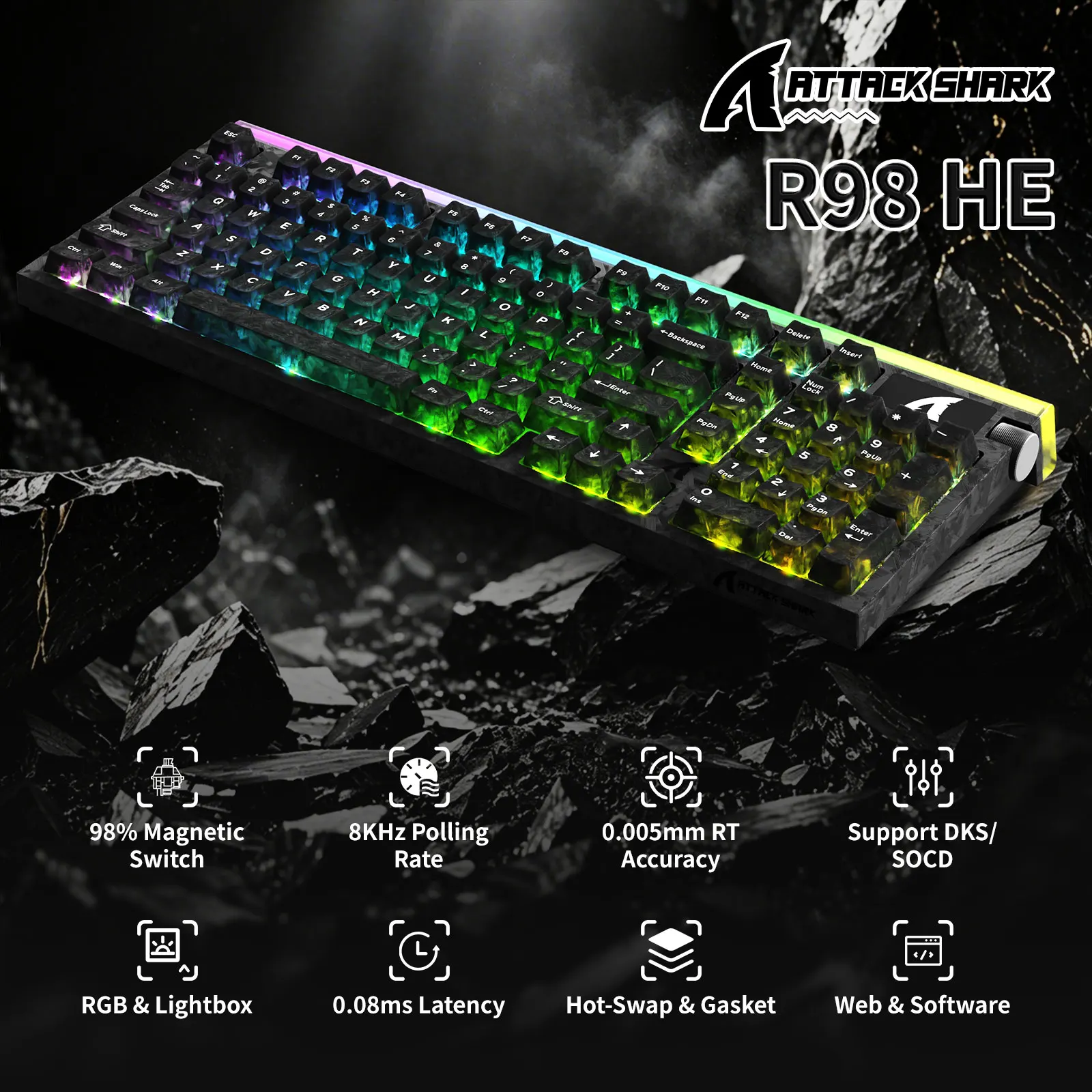 ATTACK SHARK R98 HE 8000Hz Wired Hall Effect Gaming Keyboard,0.005mm Rapid Trigger,98% Layout,RGB Lightbox,OEM PBT Keycaps