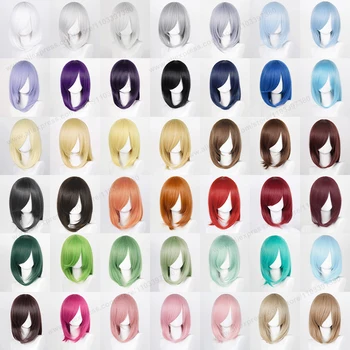 Perruque de Cosplay synthétique Blonde à frange moyenne de base, 40cm, noir, blanc, rouge, rose, vert, marron, or, bleu, cheveux résistants à la chaleur pour femmes