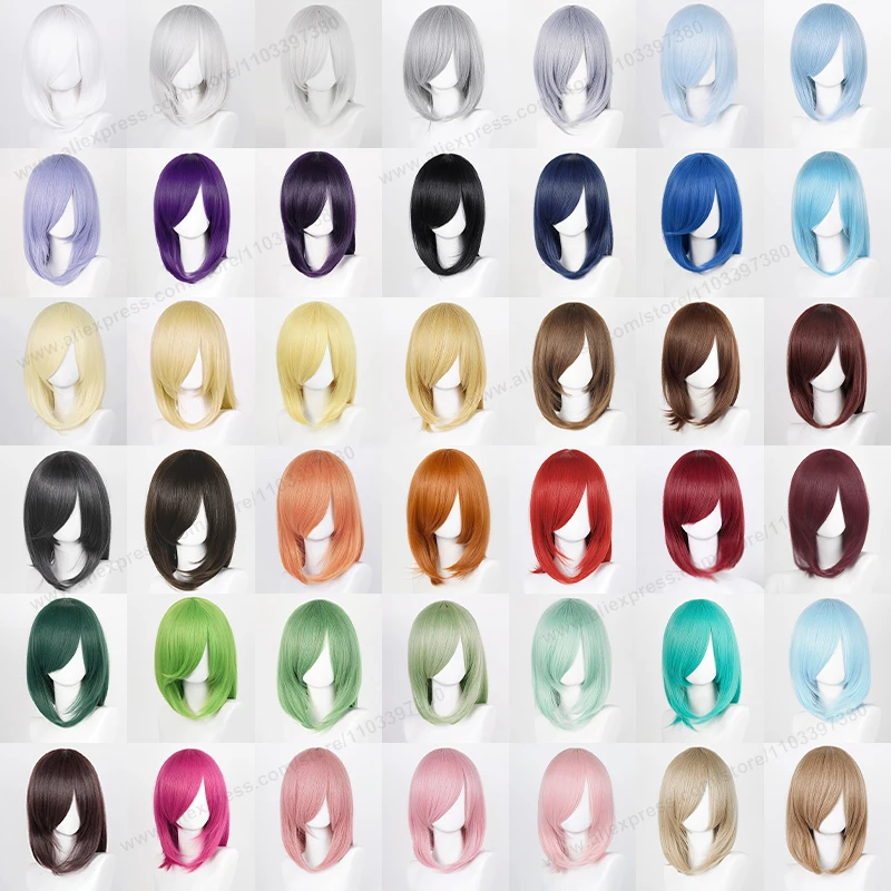 Anime 40cm Medium Basic Synthetic Bang Blond Cosplay Wig Black White Red Pink Green Brown Gold Blue Women Heat Resistant Hair