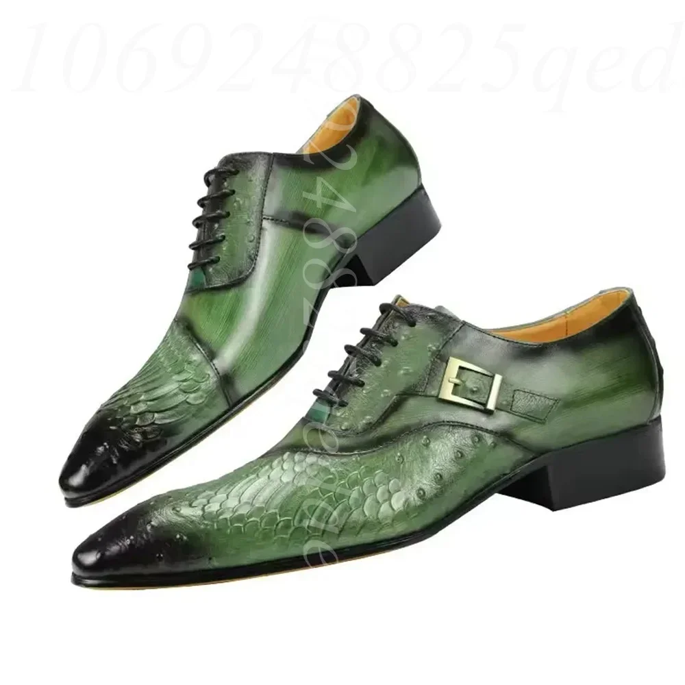 Men's Luxury Green Gradient Leather Dress Shoes Snake Embossed Texture Buckle Lace-Up Design for All-Day Comfort at Formal Event