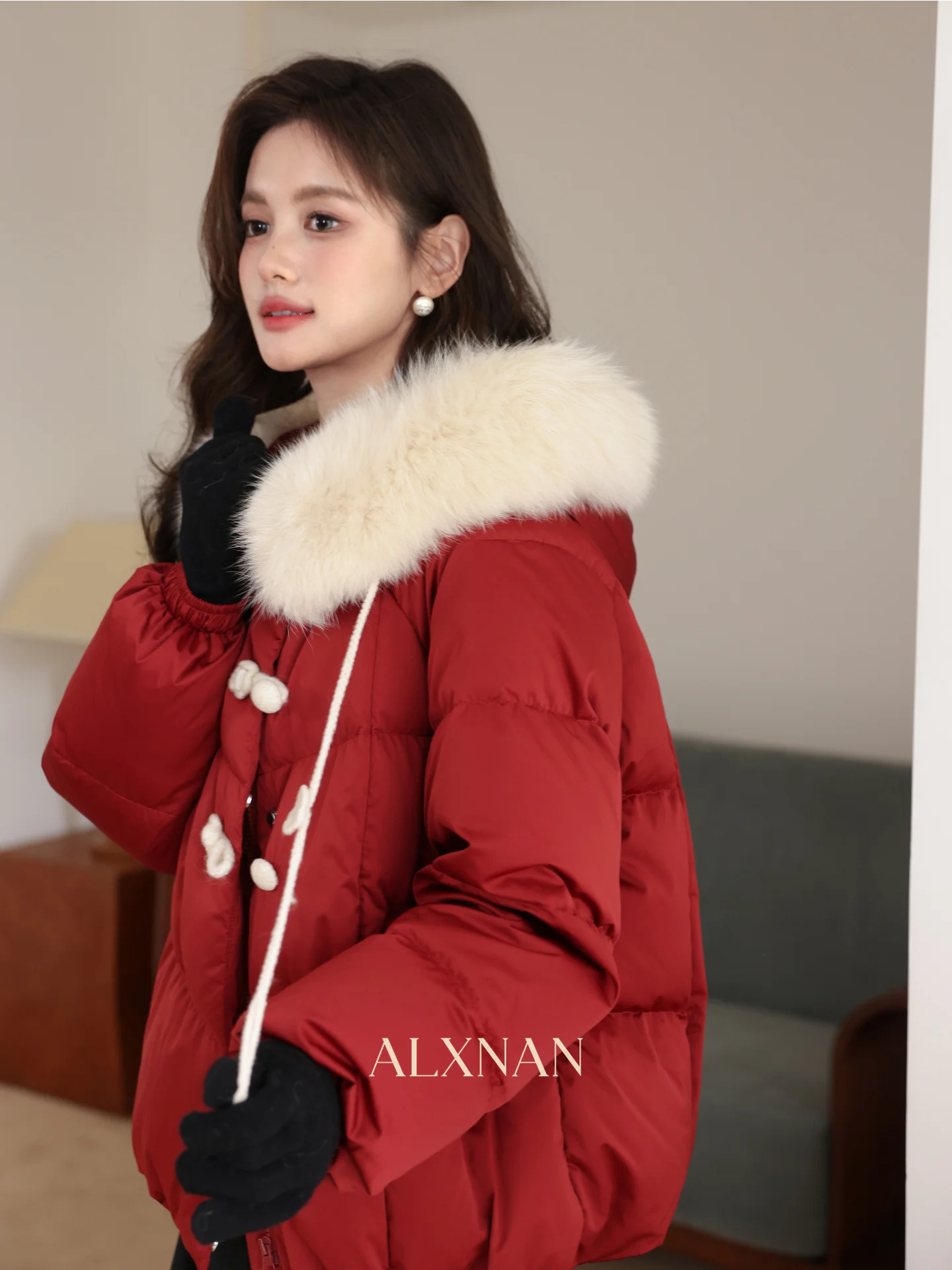 

South Deer Paris Red Maple Le Women's down Jaet Du down ort Loose Warm Winter Coat Casual Sle Detachable Hood