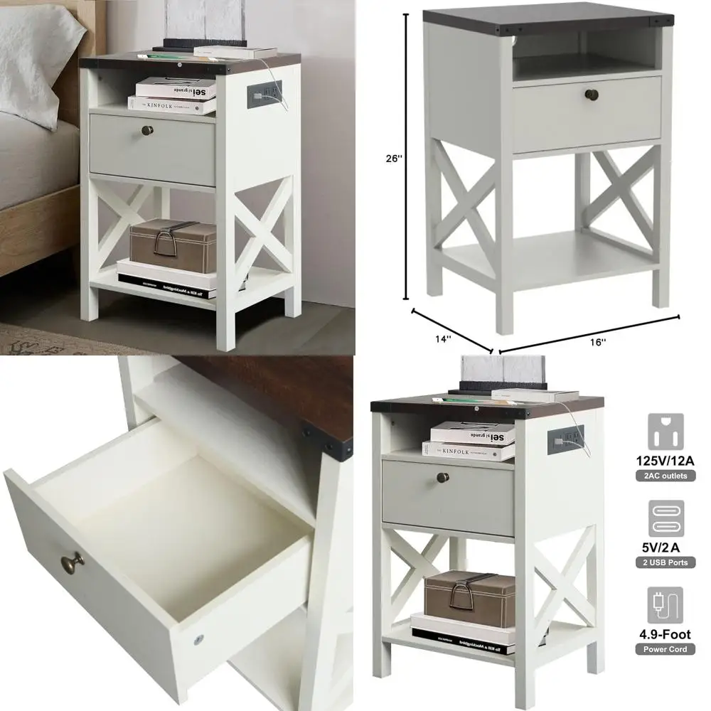 

Contemporary White Nightstand with Charging Port, Drawer Storage End Table, Bedside Table with Open Shelves