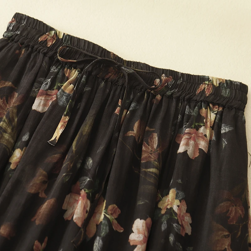 Cotton and Linen Double-layer Printed High Waist Skirt Women's Summer New Retro Artistic Loose Lace-up Casual Long Skirt