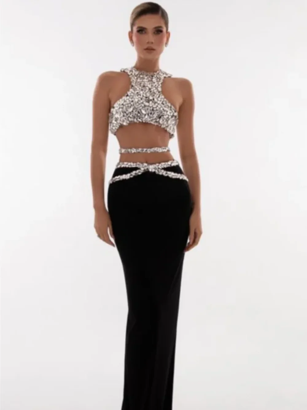 

Modphy 2024 New Arrival Black Sparkly Crystal Crop Top & Long Skirt Two-Piece Set Fashion Club Party Gowns Vestidos