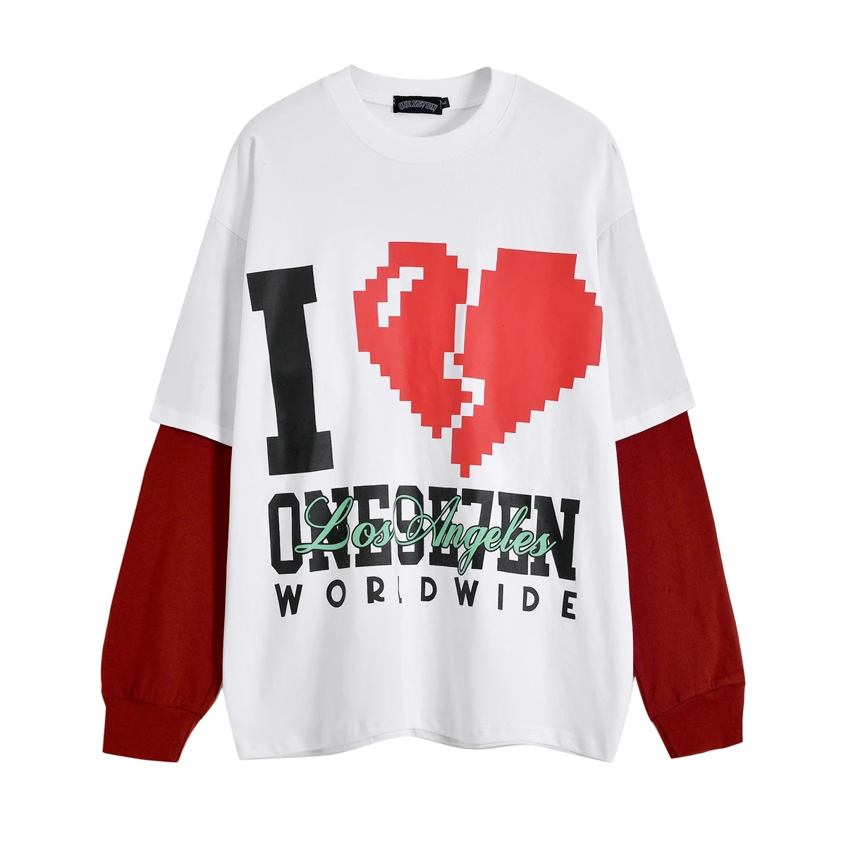 Fashionble Fake Two Items Design Black White Splicing Long Sleeve T-shirt Men Women Tear Red Heart Print Round Neck T Shirt