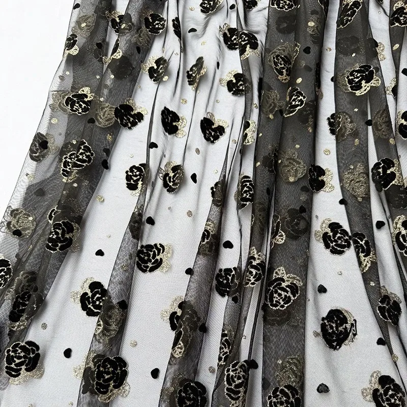 

1meter Black Beige Rose Flower Velvet Embossed Gold Powder Mesh Fabric Flocking African Tulle Jacquard Fabrics for DIY Sewing