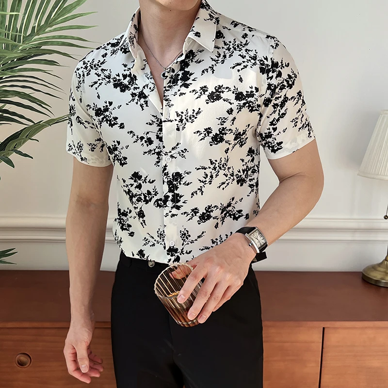 

Black/White Summer Floral Shirts Men Clothing 2025 Korean Fashion Short Sleeve Men's Social Shirt Slim Fit Casual Print Blouses