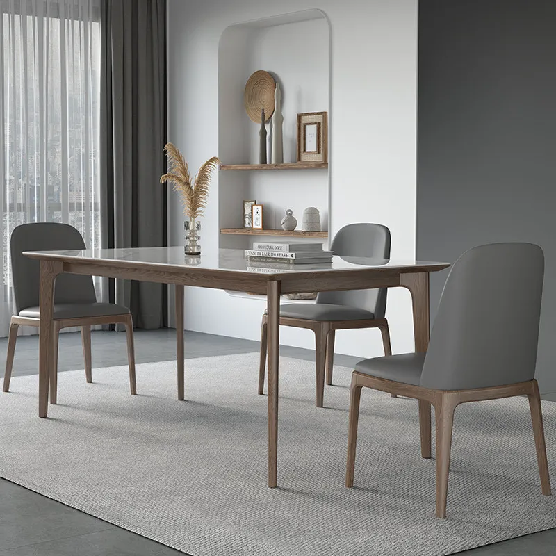 Bright rock slab dining table solid wood ash wood walnut household small apartment furniture