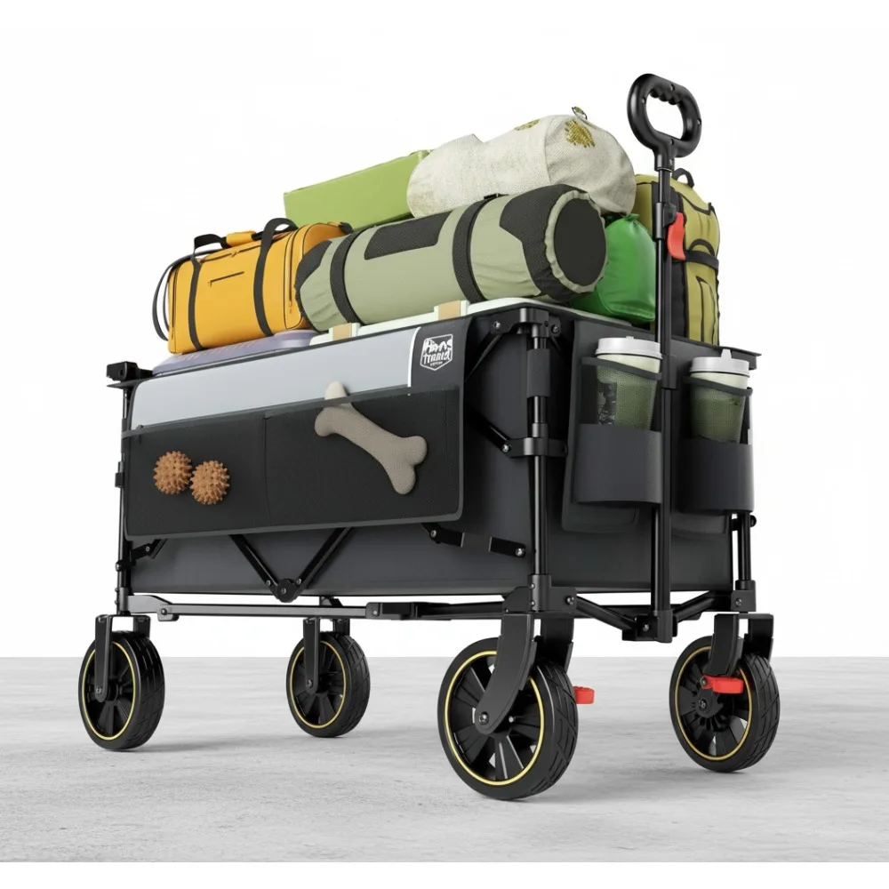 

Collapsible Wagon Cart with Brakes, 200L Large Capacity Foldable Utility Cart for Camping Shopping Gardening