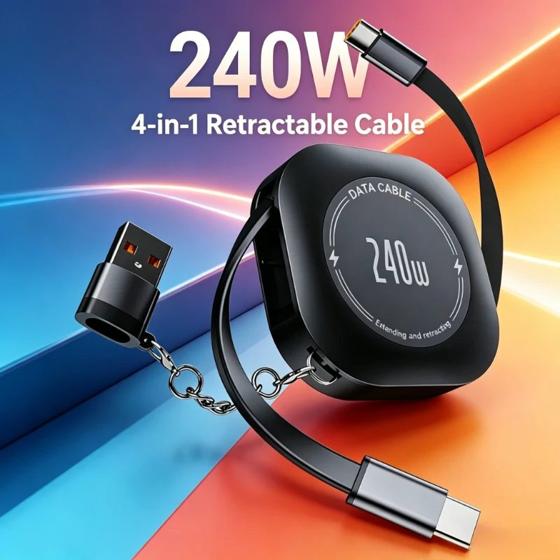 240W 4-in-1 Universal Charge Auto-Return Cable for IPhone Android IPad Samsung Lengths for Office Car Travel
