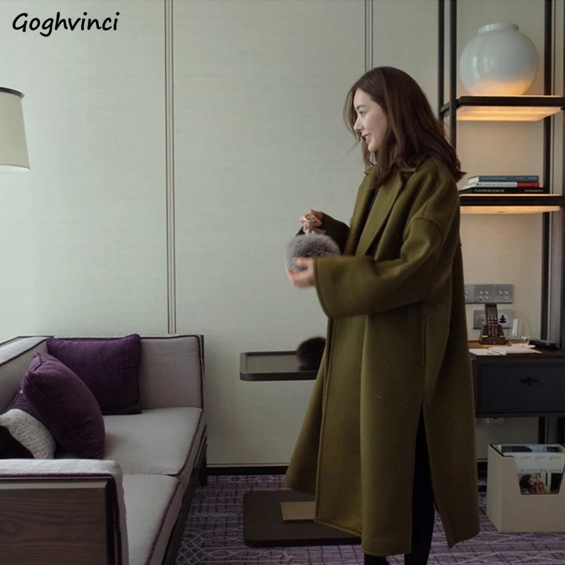 

Шерстяное женское однотонное свободное повседневное простое универсальное осеннее новое модное женское длинное пальто с открытой строчкой, высокое качество, шикарный отложной воротник