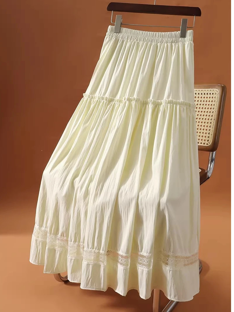 2026 Spring Summer High Waist Lace Half Skirt Women's Casual Loose Fit Umbrella Skirt Wooden  Bordered Fashionable Cover-Up