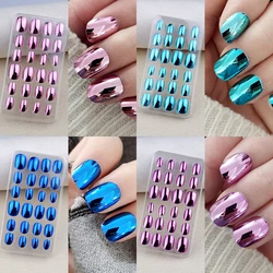 24 Pcs Mirror Chrome Kids Nails Press On Metalic False Nail Art Tips Pre-glue Short Oval Full Cover Fake Nails for Girl Toys
