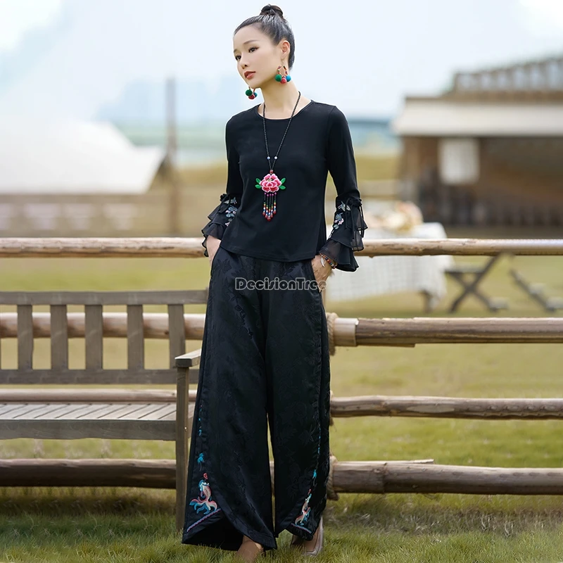 2024 chinese national style women leisure loose retro improved national style embroidery wide-leg daily elastic waist pants t001