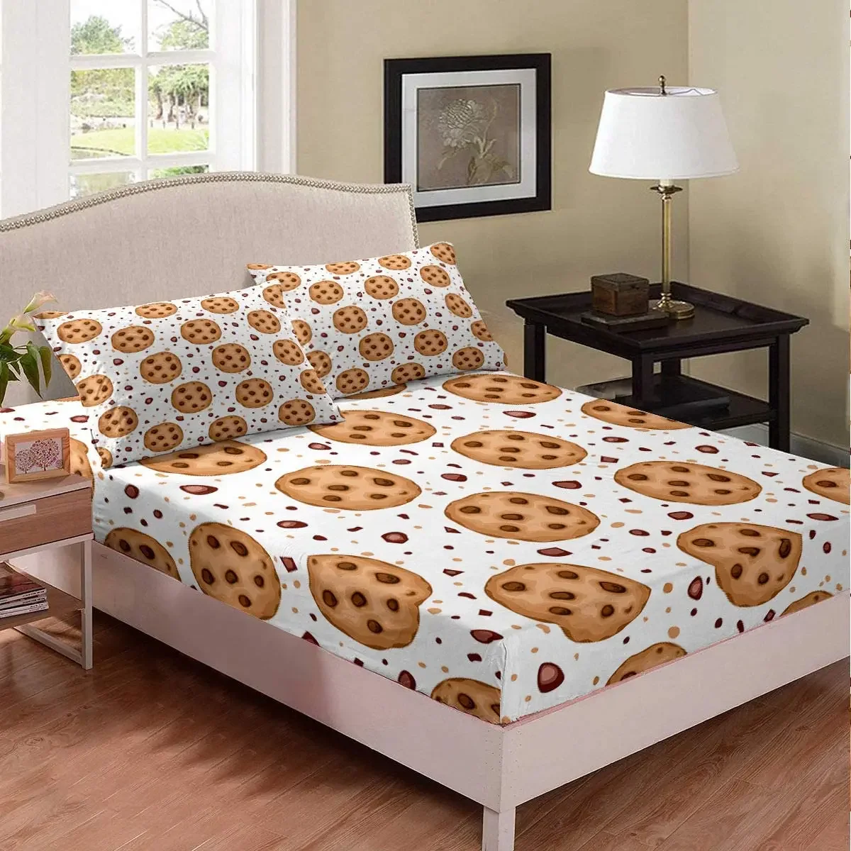 Chocolate Chip Cookies Bedding Set, Cartoon Dessert Flavours Pastry Bakery Food Design Sheet Set, Decorative King Fitted Sheet