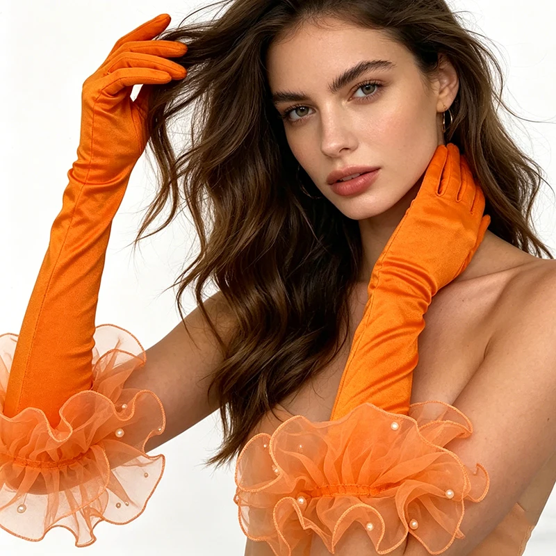 55CM Women Long Satin Gloves Elegant Tulle Ruffle Pearl Bridal Prom Wedding Party Opera Vintage Etiquette Stage Performance