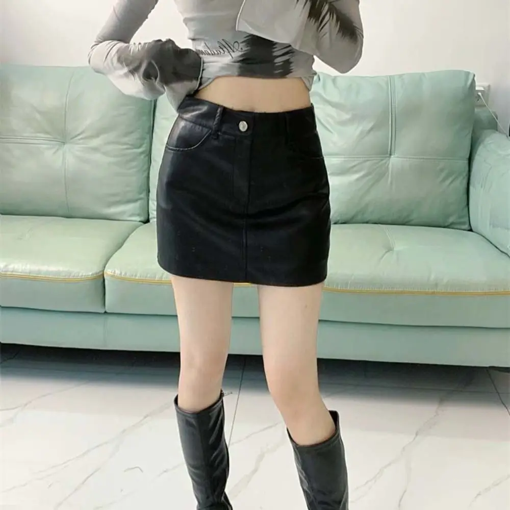Spódnica z zamkiem błyskawicznym ze skóry PU, jednolita, dopasowana, z wysokim stanem, w kształcie litery A, retro spódnica jesienno-zimowa z majtkami bezpieczeństwa dla kobiet.