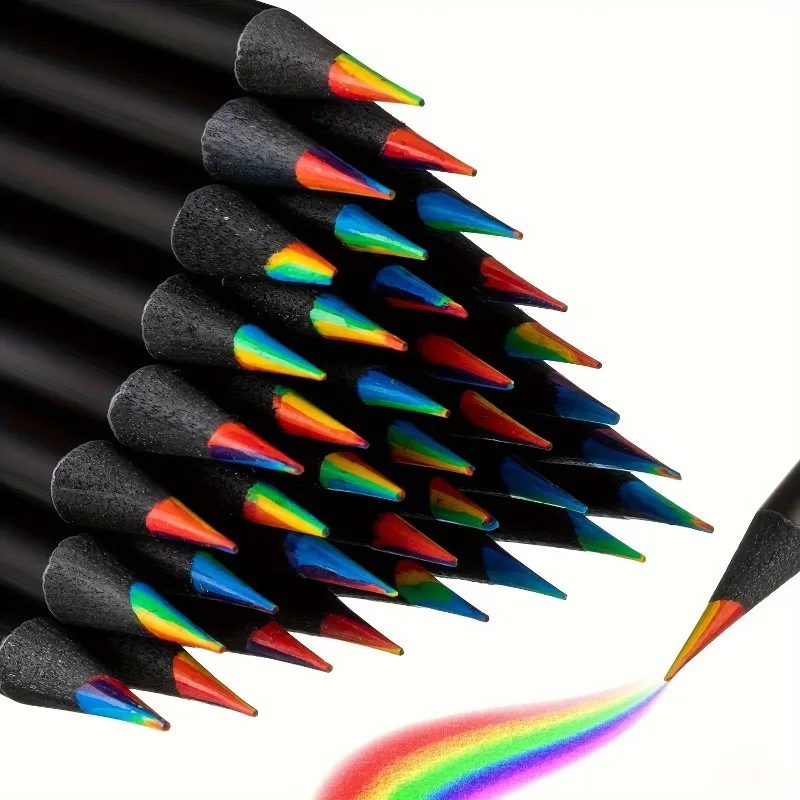 1-12 Pcs Colored Black Wood and Log Poles Pencils, 7 in 1 Rainbow Drawing Pencil. for Sketching, Doodling, Coloring, Painting