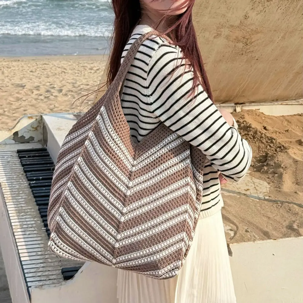 

Vintage Shoulder Bag Hollowed Out Knitted Bag Bohemian Storage Bag Beach Starw Bag Handbag Stripe Crochet Tote Bag Travel