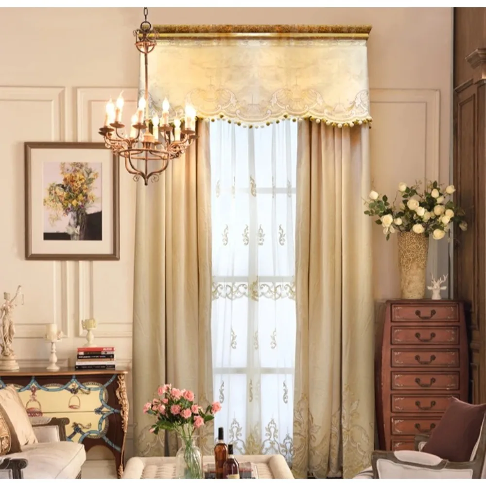 European Luxury Cream Colored Embroidered Curtains for Living Room Bedroom Window Screen French Window Customized