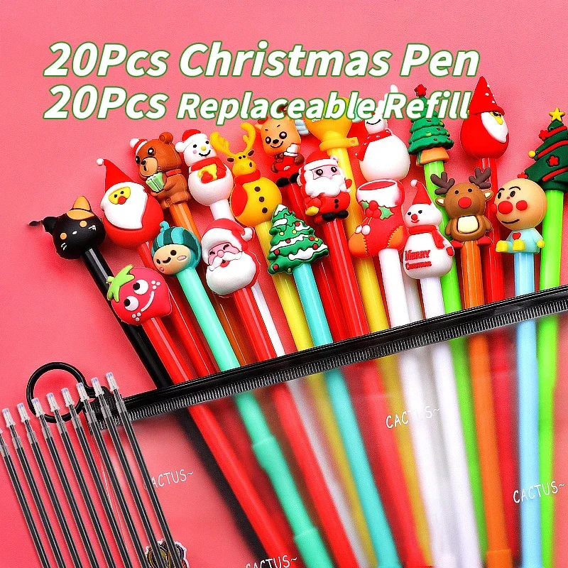 

20 шт. ручка + 20 шт. сменный блок Kawaii рождественская гелевая ручка милые ручки с изображением Санта-Снеговика и медведя 0,5 мм черные чернила школьные и офисные канцелярские подарки
