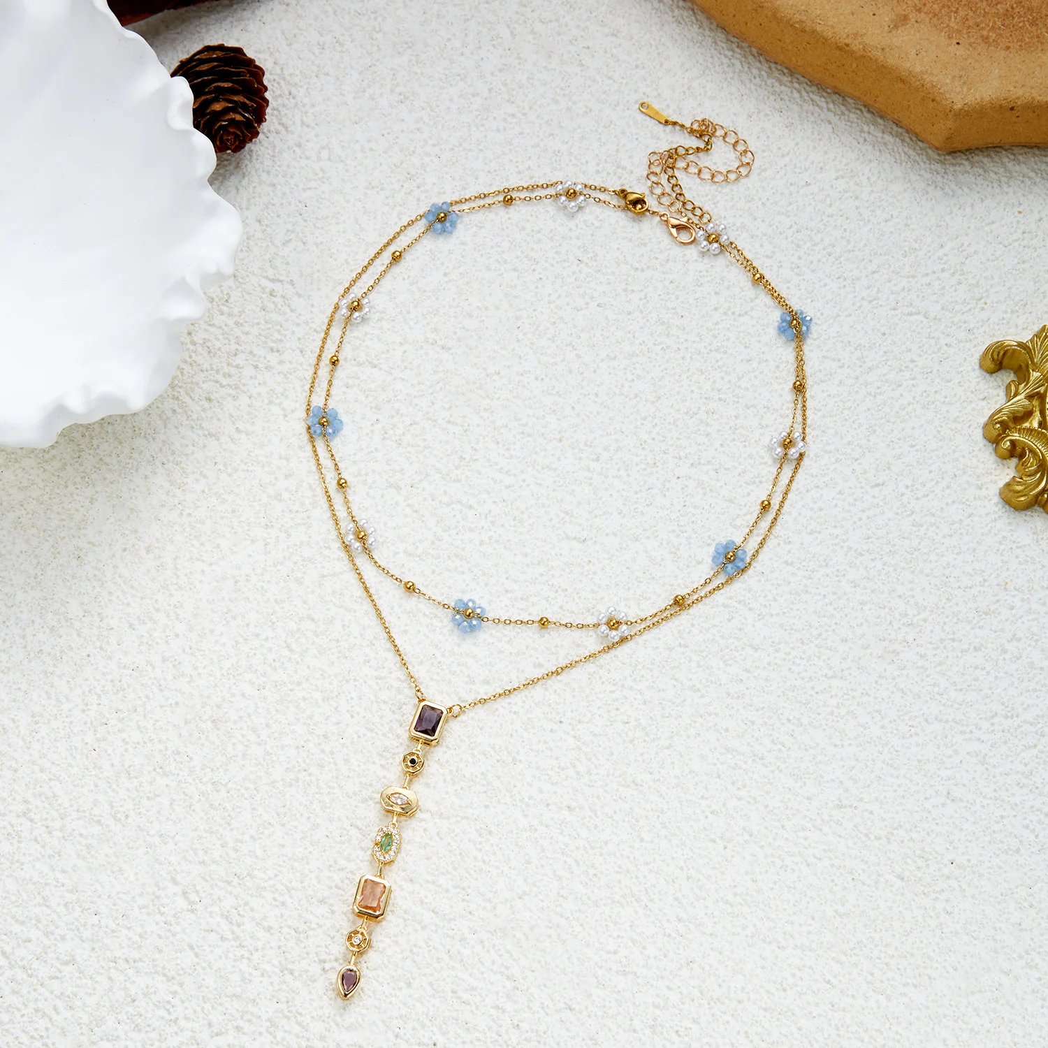 Zartes, PVD-vergoldetes, mehrschichtiges Halsketten-Set aus Edelstahl für Damen, bunte Kristall-Quasten-Blumenketten, Party-Schmuck, Geschenk – Detail 7