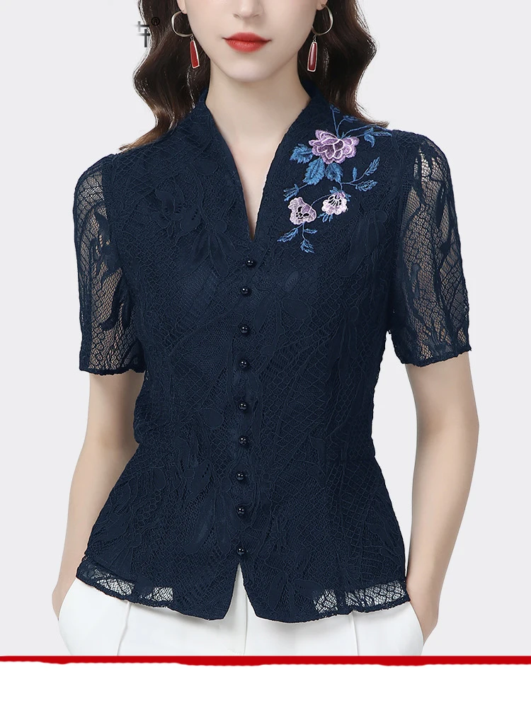 Vintage Embroidered Black Lace Blouse 2024 Summer Close-Fitting Short Sleeve V-Neck Top Beaded Hollow Ladies Casual Work Shirts