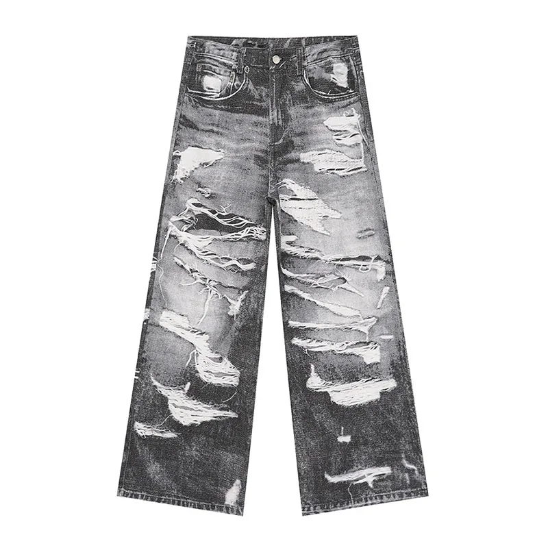 

Hi Street VIntage Ripped Distressed Jeans Pants Loose Sreetwear Blue Denim Trousers For Male Black Spring Autumn