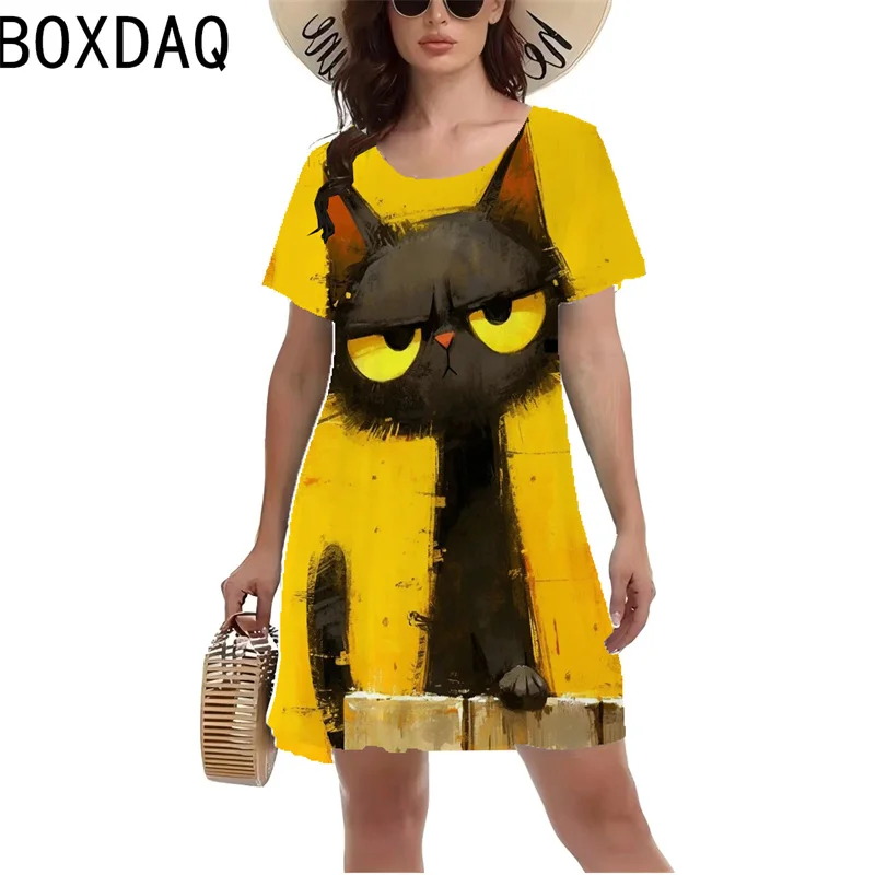 Fashion Funny Women Cat Pattern 3D Cartoon Print Mini Dress Summer Oversized Short Sleeve O-Neck Casual Dress Vestidos