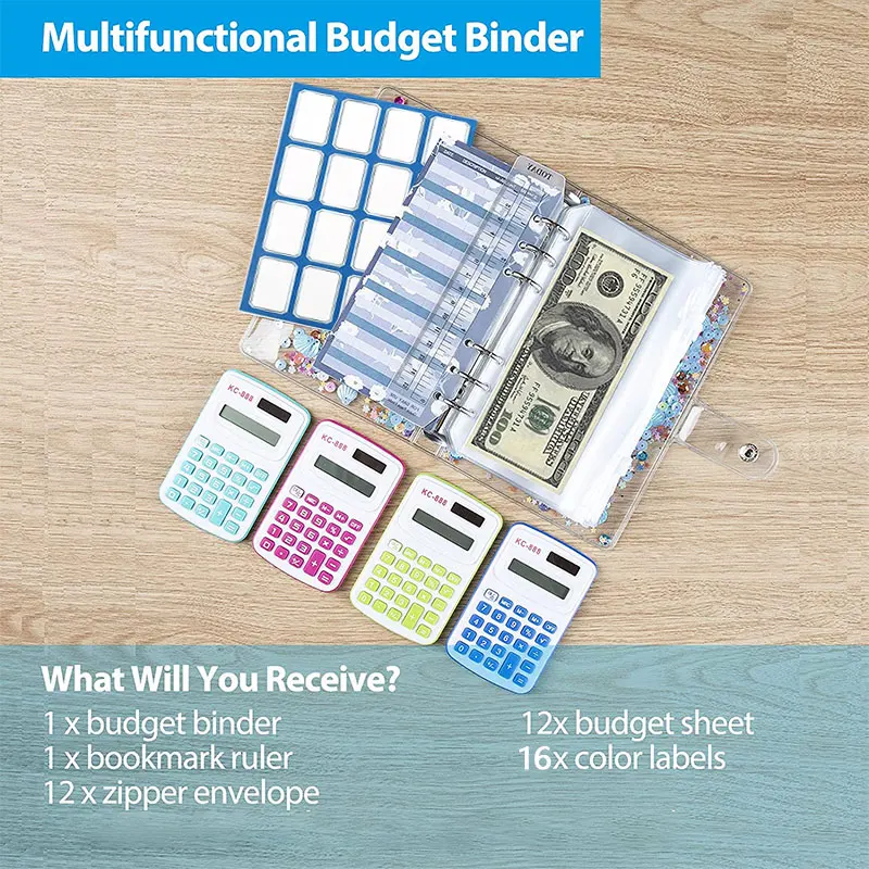 26 Pcs A6 Binder Budget Envelopes PVC Shell Sequins Notebook Cover with Zipper Pockets Budget Sheet Color Stickers Scale Ruler