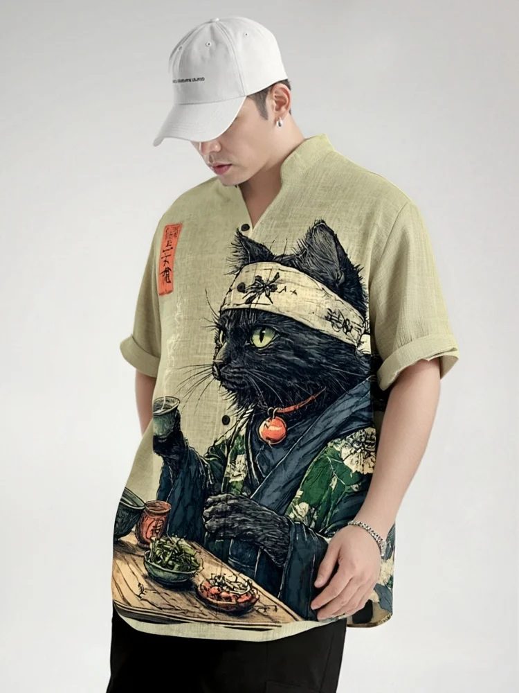 

Men's Cat Drinking Tea Japanese Teas Ceremony Art Print Casual Shirt Fashion Green Bohemian Beach Vintage Stand Collar Top 2025