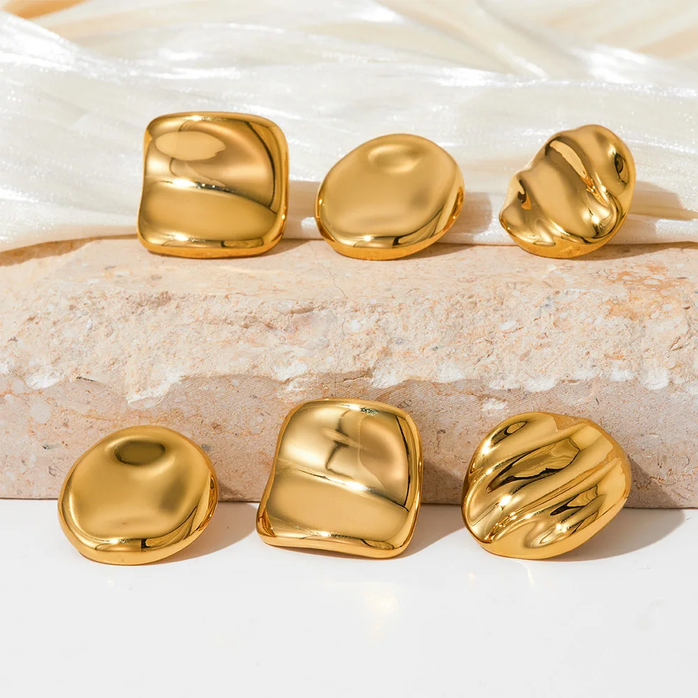Minimalist Round Square Geometric Polished Stud Earrings for Women Irregular Gold Color Hammered Surface Piercing Ear Jewelry