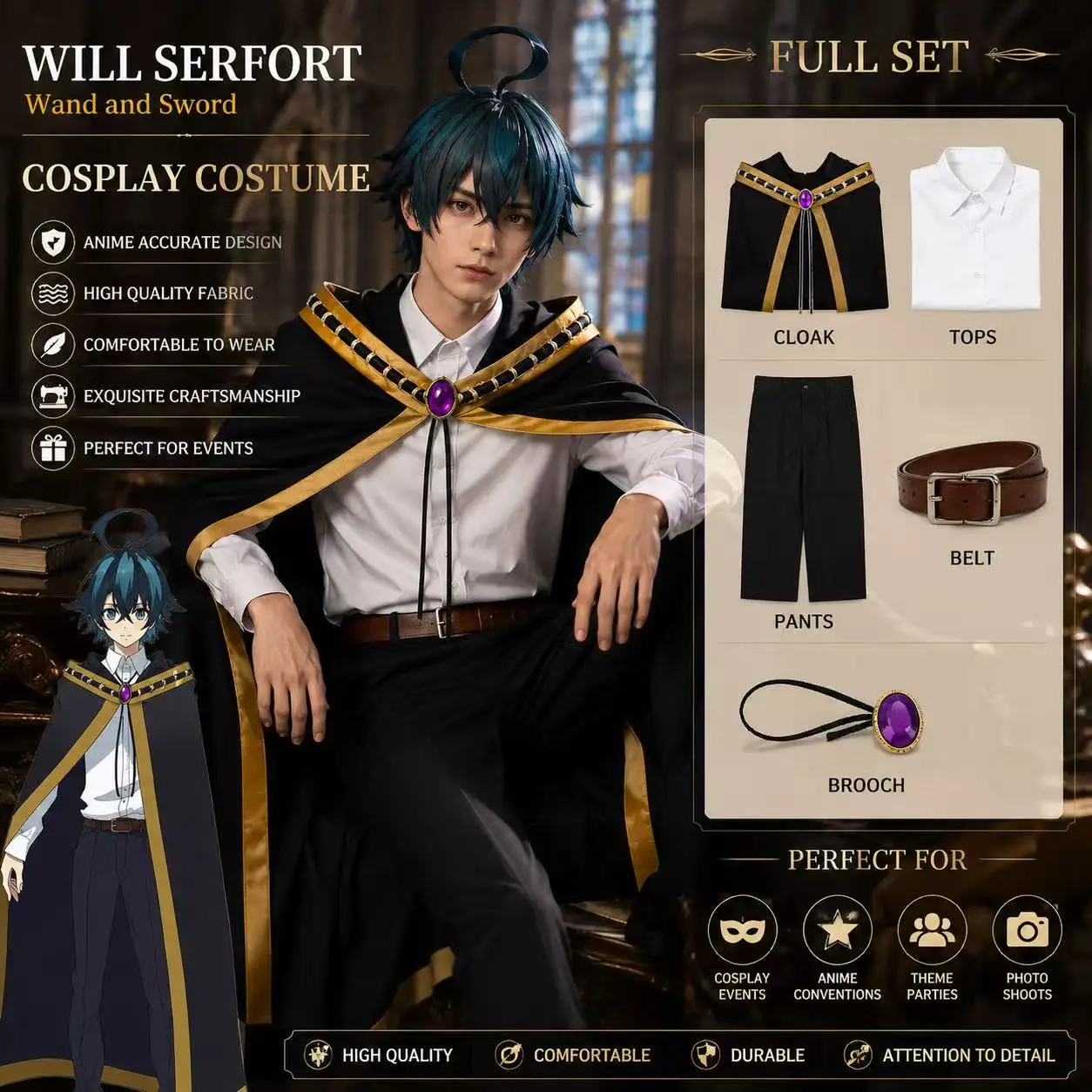 

Anime Wistoria: Wand and Sword Will Serfort Cosplay Costumes Role Play Shawl Cloak Clothing Halloween Comic Con Cos uniforms