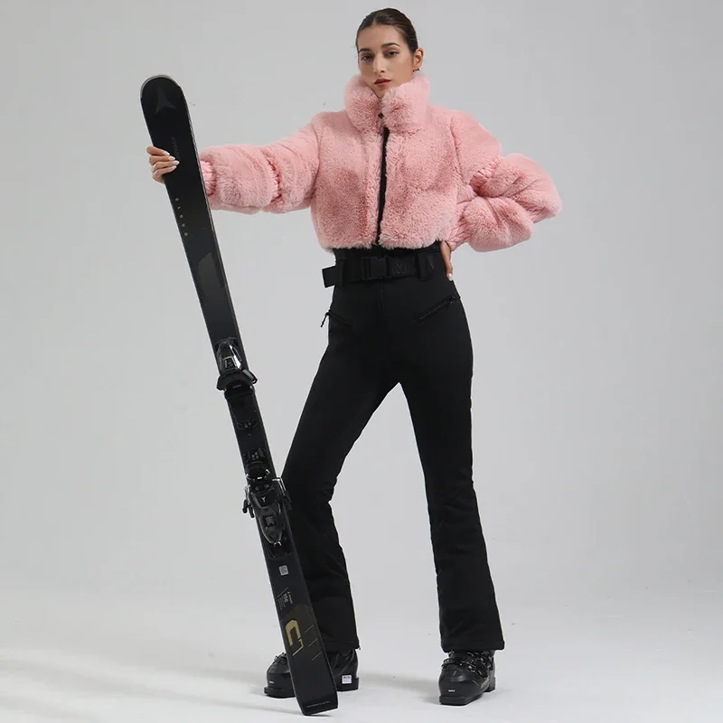 Winter Warm Fur Women One Piece Snow Suit Outdoor Sport Slime Female Ski Jumpsuit Mountain Windproof Woman Snowboard Overalls
