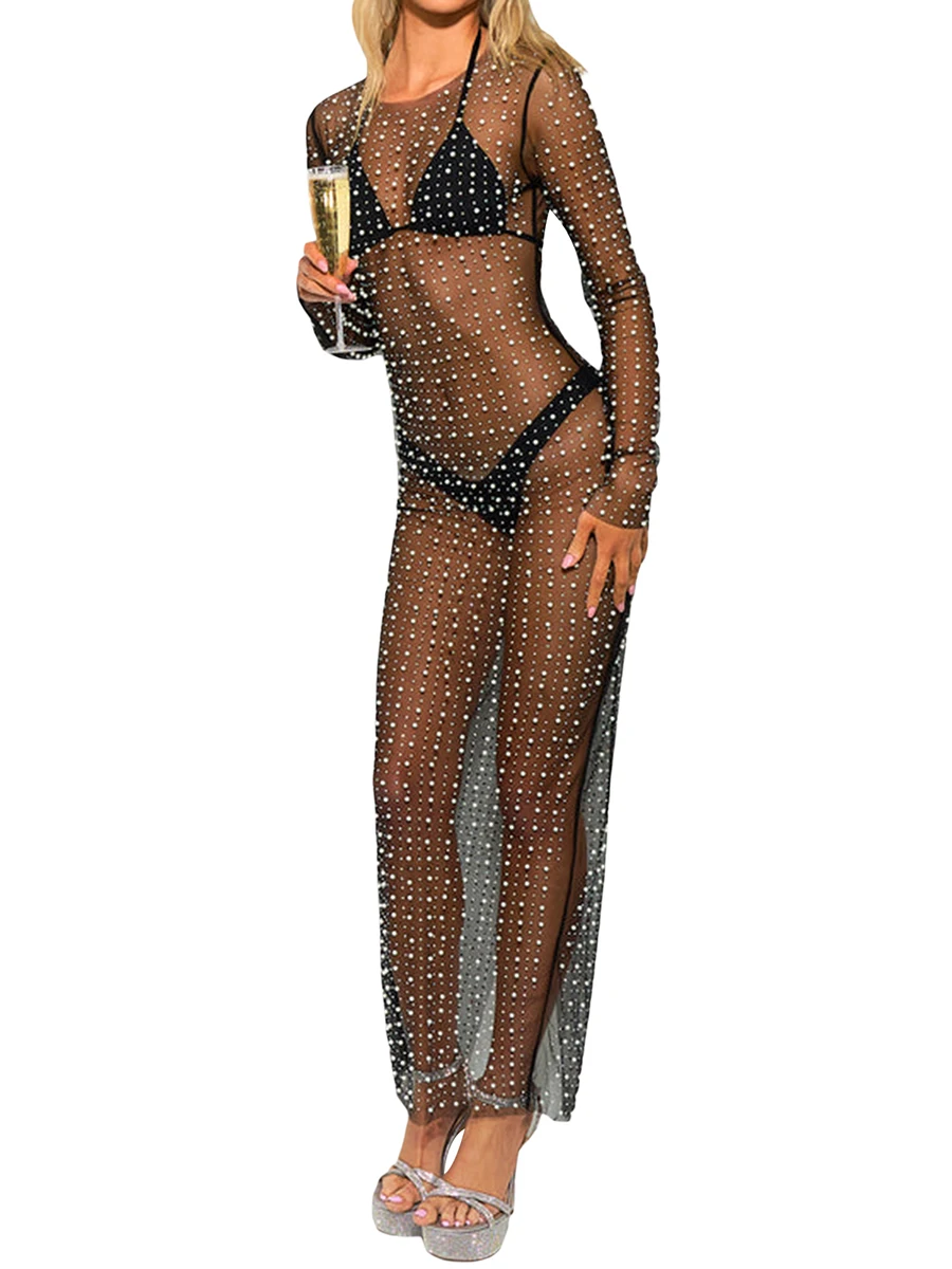 Vestido largo con lentejuelas y perlas para mujer, prenda Sexy e informal para cubrir Bikini, malla transparente de manga larga con abertura para fiesta y playa, Verano