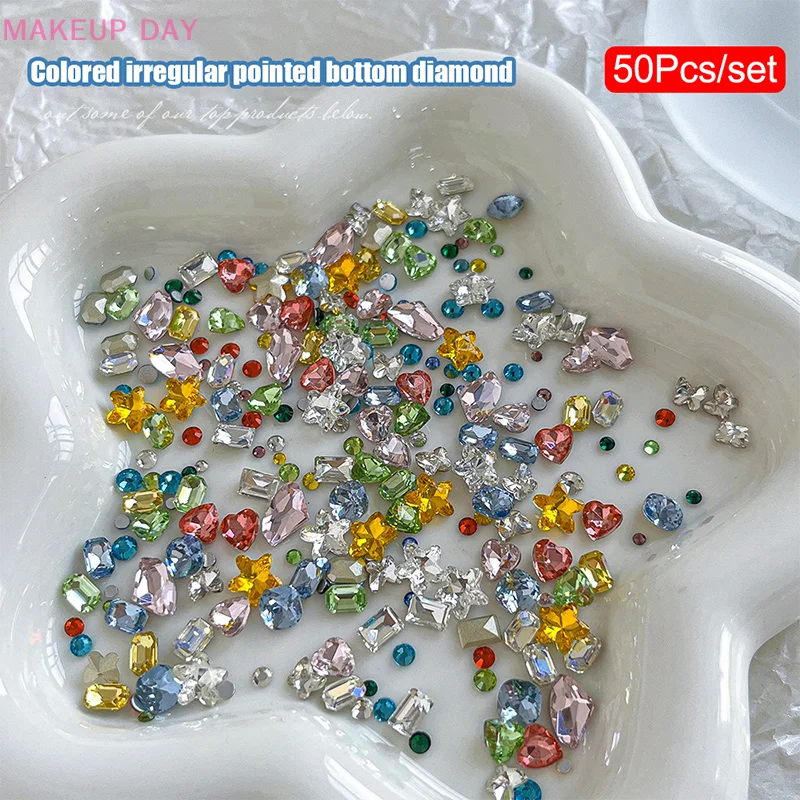 50pcs Rhinestones Nail Art Charm Special-Shaped Pointed-Bottom Colorful Crystal Jewel For Face Clothes Shoes Decor Nail Supplies